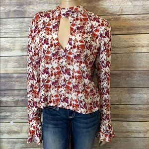 Free People Cutout Floral Blouse Long Sleeve L